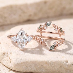 Vintage Marquise 3 Stein Verlobungsring mit Natur Inspiriert Enhancer Band 14K Moissanite Braut Set Blatt Rebe Boho Set Marquise Achat Band