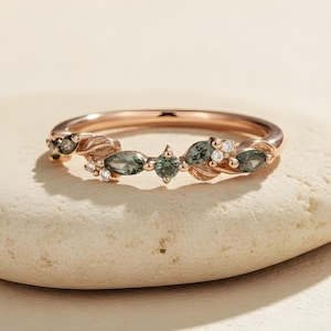 Anillo de compromiso de oro rosa de 14 k con hoja de ágata musgosa, delicado anillo inspirado en la naturaleza, anillo apilable.