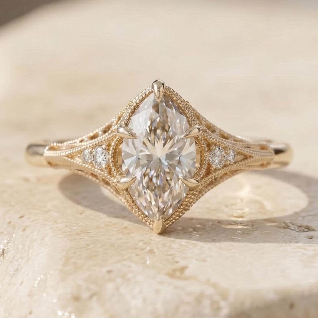 Vintage Marquise Engagement Ring Art Deco 14K Gold Milgrain Filigree ...
