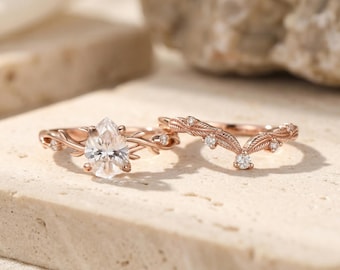 14K Rose Gold Zierlicher Zweig Verlobungsring mit Blatt-Ehering Natur inspiriert Braut Set, einzigartiges Blumen Ehering Set Einzigartiger Rebe Ring