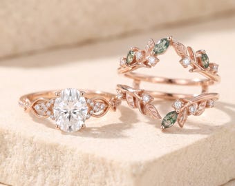 Unique 7*5MM Oval Cut Split Shank Moissanite Ring with Nature Inspired Enhancer Band 14K Rose Gold Engagement Set Bridal Leaf Vine Boho Set