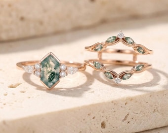 Hexagon Moss Agate Engagement Ring Set Nature Inspired 14K Gold Bridal Set Leaf Vine Wedding Ring Set Unique Moss Agate Enhancer Boho Set