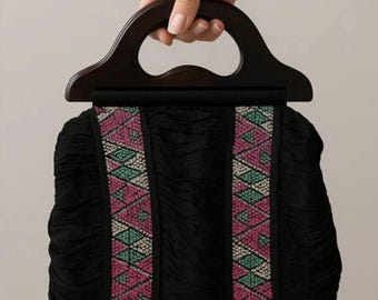 Vintage 70s Black Ruched Handbag w/ Tribal Embroidered Panel & Sculpted Wood Handle