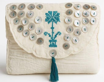 Handmade Linen Clutch with Teal Embroidery & Mother-of-Pearl Buttons - Boho Tassel Purse