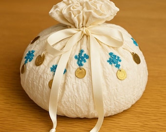 Large Cream Crinkle Drawstring Makeup Pouch w/ 7 Gold Coins & Turquoise Embroidery – Boho Cosmetic Bag