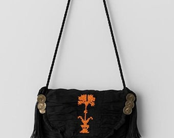 Black Ruched Mini Crossbody w/ Brass Coin Tassels & Orange Tribal Embroidery – Boho Flap Bag
