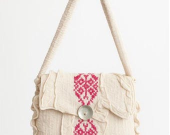 Cream Ruffled Mini Shoulder Bag w/ Hot-Pink Folk Embroidery & Shell Button – Boho Crossbody