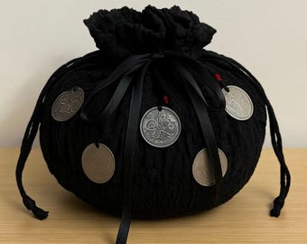Large Black Crinkle Drawstring Tote w/ 7 Silver Coins & Red Accents – Boho Shoulder Pouch