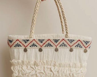 Boho Ruffle Tote Bag with Coin Charms & Braided Handles – Cream Ethnic Embroidered Handbag