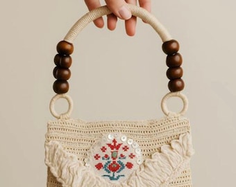 Vintage-Style Cream Crochet Mini Purse w/ Embroidered Ruffle Flap & Wood Bead Handles