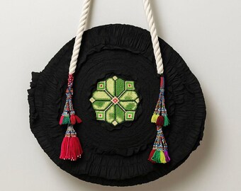 Large Black Ruched Tote w/ Lime-Green Embroidery & Rainbow Beaded Tassels – Boho Rope-Handle Bag