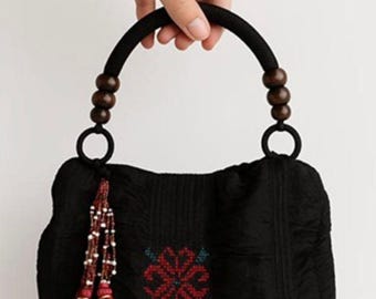 Black Ruched Mini Top-Handle Bag w/ Folk Embroidery & Beaded Tassel – Boho Wood Bead Purse