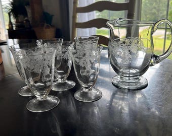 Bohemia Crystal Pitcher and Glasses Set | Etched Thistle Drinkware, Czech Republic
