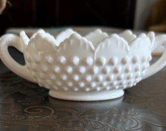 Fenton 1970s “Hobnail” Milk Glass Candy Dish | Signed White Oval Bowl with Handles | Vintage Scalloped Bonbon Nut Bowl