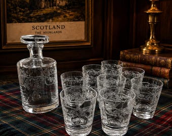 Bohemia Crystal Crystalex Thistle Decanter & 8 Glasses Czech Etched Whiskey Barware Old Fashioned Tumblers