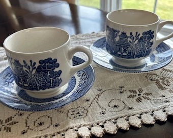 Churchill “Blue Willow” English Ironstone Tea Cup/Mug and Saucer - 2 Sets