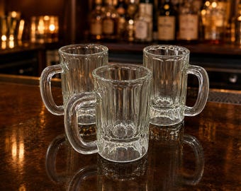 Clear Glass Beer Mugs -  Heavy Paneled Tankards, 5” Tall Mid Century Tavern Style Steins, Unmarked Molded Barware - Set of 3