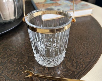 Cristal d’Arques France Cut Crystal Ice Bucket with Brass Swing Handle & Ice Tongs | Vintage French Barware | Hollywood Regency