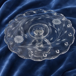 W.J. Hughes Cornflower Cake Stand - Canadian Etched Glass Pedestal Plate - Heirloom Replacement Piece