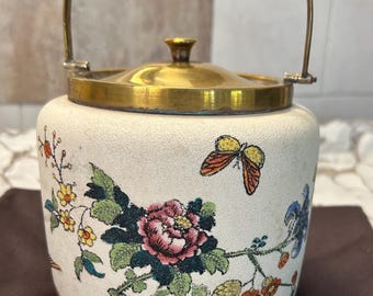 Biscuit Barrel Cookie Jar | Floral Ceramic Canister with Brass Lid & Handle