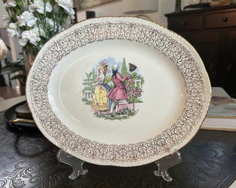 USA Made Homer Laughlin Colonial Couple Oval Serving Platter | 22K Gold Filigree | Vintage Courting Couple