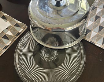 Chrome Cake Keeper with Patterned Glass Base - 1950’s Retro Round Metal Cake Dome and Dessert Platter Serving Set