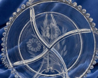 WJ Hughes 9.5”  “Cornflower Candlewick” Divided 4-Section Glass Serving Dish