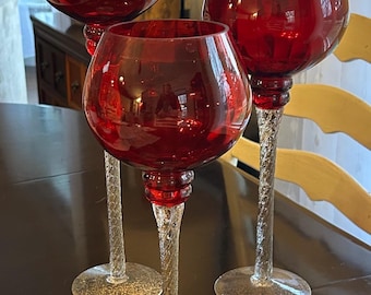Americana NIB Ruby Red Venetian Style Glass Hurricanes/Candleholders with Gold Swirl Stems
