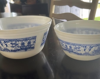 Federal Glass “7” and 8” Blue Willow” Milk Glass Mixing Bowls