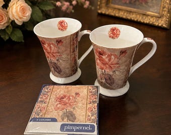 Pimpernel “Antique Rose Linen” - Cork Bottom Coasters - Set of 6 + 2 Matching Mugs