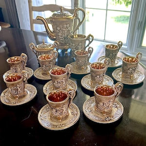 Capodimonte 23pc Italian Porcelain Espresso Set, Gold Gilt Cherub Detailing