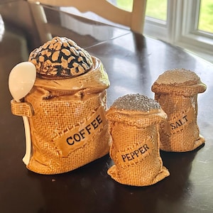 Ceramic Burlap Sack Coffee Jar, Salt & Pepper Shakers, Mid-Century Kitchen Decor