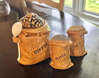 Ceramic Burlap Sack Coffee Jar, Salt & Pepper Shakers, Mid-Century Kitchen Decor