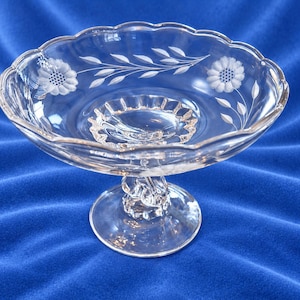 May include: A clear glass pedestal bowl featuring a scalloped rim and an etched floral pattern with leaves and blossoms around the interior edge. The bowl stands on a circular base with a decorative, textured stem connecting to the centre.