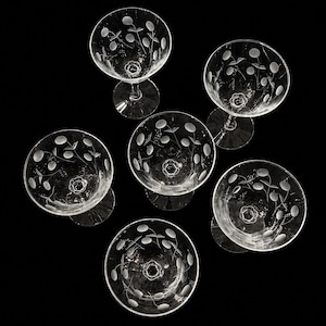 May include: Six clear champagne glasses with etched floral and dot patterns. The glasses have a round bowl shape and a slender stem. The etched design includes small dots and leaf-like shapes, creating a delicate, elegant look. The glasses are arranged on a black background.