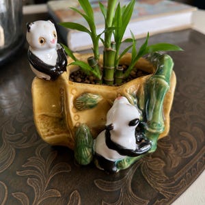 Mid Century Panda Bamboo Planter, Glazed Ceramic Panda Cachepot, Japanese Style Planter, Cute Animal Decor