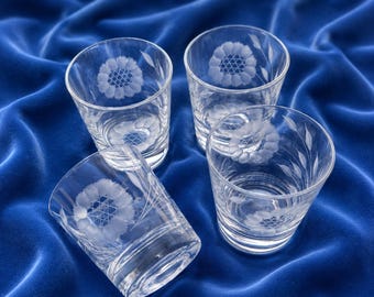 WJ Hughes Etched Lowball Glasses | Vintage Canadian Floral Barware Tumblers