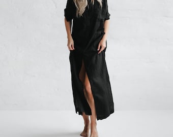 Women Pure Linen Long Shirt Dress lounge wear dress nightgown nightdress