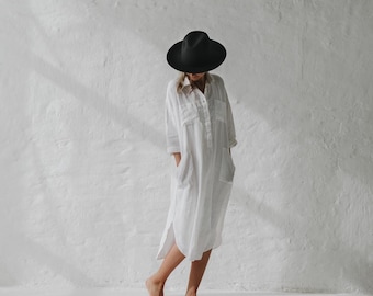 Women Pure Linen Long Shirt Dress lounge wear dress nightgown nightdress