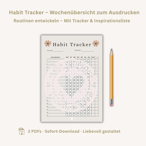 Könnte beinhalten: Ein druckbarer Gewohnheitstracker mit dem Titel "Habit Tracker" und floralen Akzenten. Der Tracker enthält Abschnitte für Datum, Woche und Gewohnheitsverfolgung mit Feldern für tägliche Check-ins. Ein gelber Bleistift liegt daneben.