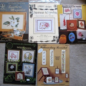 Lot van 5 Needlepoint Cross Stitch Boekjes Bloemen Magnolia Wilde Bloemen