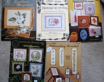 Lot of 5 Needlepoint Cross Stitch Booklets  Flowers Magnolia Wild Flowers