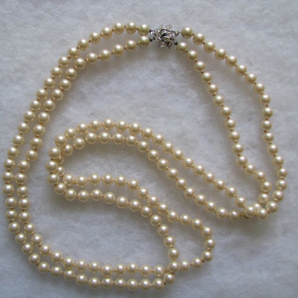 Trifari Long 2-Strand Pearl Necklace Rhinestone Clasp