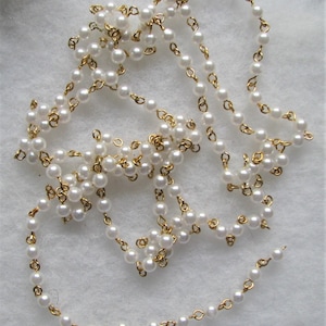 Acrylic Pearl Rosary Bead Chain 5 Ft - 6mm Cream Pearls on Gold Tone Chain