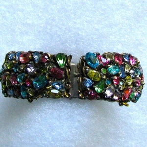 Hollycraft Copr 1950 Hinged Cuff Bracelet Multicolored Rhinestones