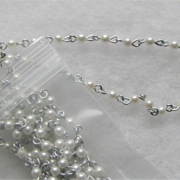 Acrylic Pearl Rosary Bead Chain 5 Ft - 4mm White Pearls on Silver Tone Chain