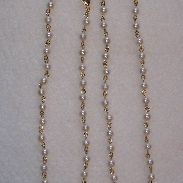 36" Glass Pearl Rosary Bead Necklace 6mm Cream Pearls on Gold Tone Chain