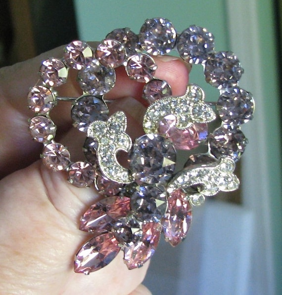 Eisenberg Pink & Purple Rhinestone Double Loop Pin - image 1