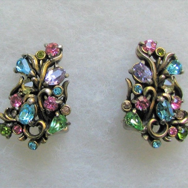 Hollycraft Copr 1951 Multi Colored Rhinestone Earrings