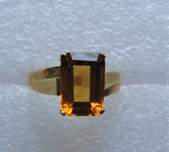 Large Golden Citrine Emerald Cut 10K Gold Ring 12